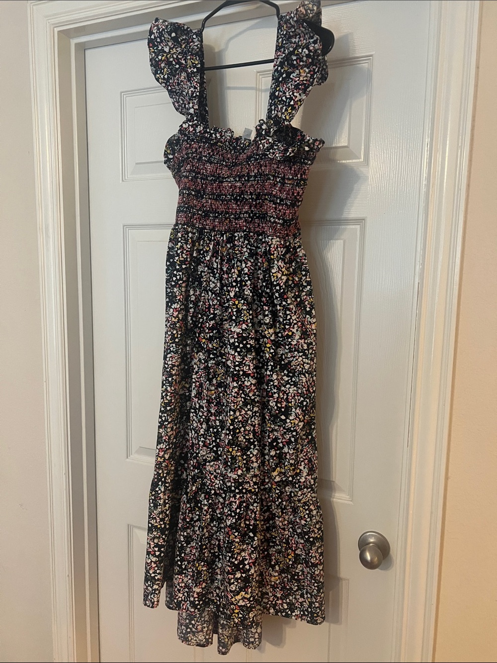 Smocked Ruffle Strap Floral Maxi Dress - navy Floral